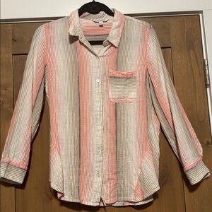 Liverpool Los Angeles Womens Blue Peach Tan Striped Collared Button Down Shirt S